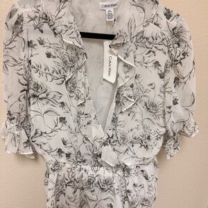 Calvin Klein Floral Chiffon Ruffle Blouse XL White Black V-Neck 3/4 Sleeve